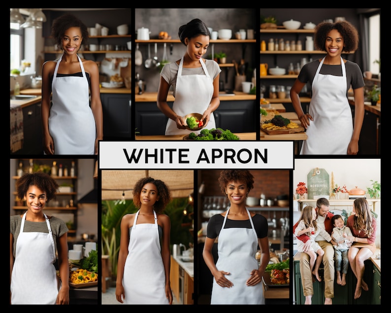May include: A collage of images featuring people wearing white aprons in a kitchen setting. The text "WHITE APRON" is displayed in the center of the collage.