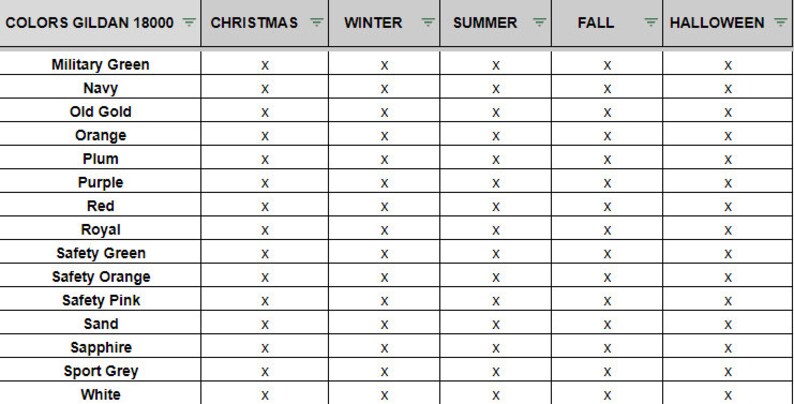 May include: A chart showing the availability of Gildan 18000 t-shirts in different colours for various seasons, including Christmas, Winter, Summer, Autumn, and Halloween.