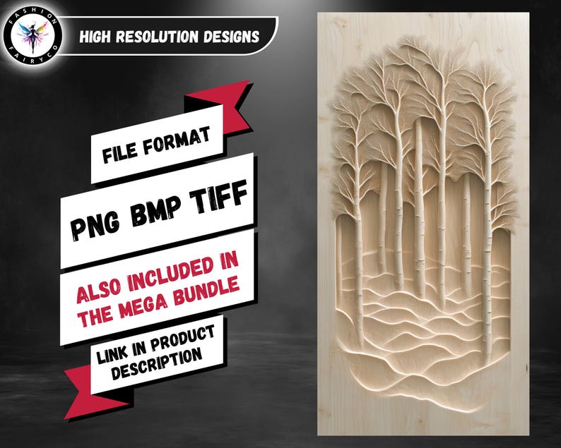 K&ouml;nnte beinhalten: Eine Holzschnitzerei einer Waldszene mit B&auml;umen und H&uuml;geln. Die Schnitzerei ist in einer hellen Holzfarbe gehalten und hat ein detailliertes Design. Der Text "FILE FORMAT PNG BMP TIFF ALSO INCLUDED IN THE MEGA BUNDLE LINK IN PRODUCT DESCRIPTION" befindet sich auf einem rot-wei&szlig;en Hintergrund.