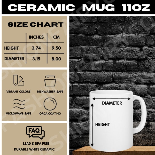 Mug Size Chart, Cup Size Chart, Mug Mockup, 11oz Mug Size Chart, White Ceramic Mug Sizing Chart, Printify Mug Size Chart, Compact Size Chart