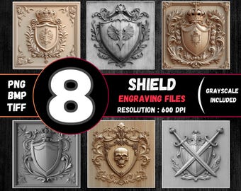 3D Illusion Shield Laser Engraving Bundle: Grayscale Medieval Designs (PNG BMP TIFF)