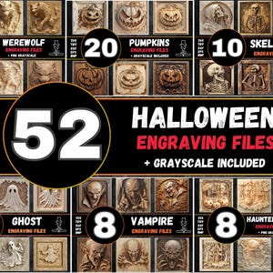 May include: A digital download of 52 Halloween engraving files, including 8 werewolf, 20 pumpkin, 10 skeleton, 8 ghost, 8 vampire, and 8 haunted house designs. The files are available in PNG, SVG, TIFF, DXF, EPS, and BMP formats. Grayscale versions are included.