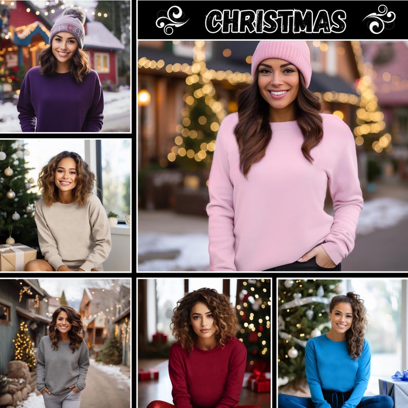 May include: A collage of six images featuring women wearing long-sleeved shirts in various colours, including purple, pink, beige, grey, red, and blue. The images are set against a backdrop of winter scenes with Christmas trees and decorations.