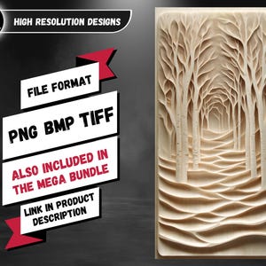 K&ouml;nnte beinhalten: Eine Holzschnitzerei eines Waldweges mit B&auml;umen auf beiden Seiten. Die Schnitzerei ist in einer hellen Holzfarbe gehalten und hat ein detailliertes Design. Der Text "FILE FORMAT PNG BMP TIFF ALSO INCLUDED IN THE MEGA BUNDLE LINK IN PRODUCT DESCRIPTION" ist in Rot auf schwarzem Hintergrund sichtbar.
