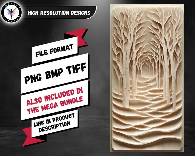 K&ouml;nnte beinhalten: Eine Holzschnitzerei eines Waldweges mit B&auml;umen auf beiden Seiten. Die Schnitzerei ist in einer hellen Holzfarbe gehalten und hat ein detailliertes Design. Der Text "FILE FORMAT PNG BMP TIFF ALSO INCLUDED IN THE MEGA BUNDLE LINK IN PRODUCT DESCRIPTION" ist in Rot auf schwarzem Hintergrund sichtbar.