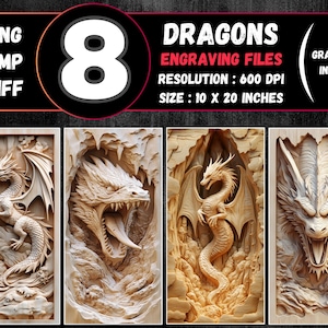Paquete de grabado láser de ilusión 3D de dragón, PNG de grabado láser de dragones, archivos Lightburn/Laserburn de fantasía mítica vertical, 10 x 20 pulgadas.