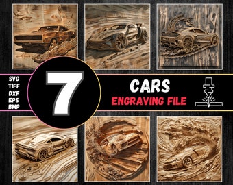 May include: Seven different wood carvings of cars, each with a unique design. The carvings are displayed on a wooden background. The text "CARS ENGRAVING FILE" is displayed in the center of the image.