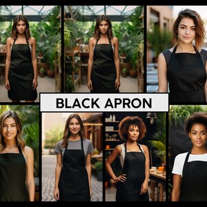 May include: A collage of six images featuring different people wearing black aprons. The aprons are simple and practical, with adjustable straps. The images are set in various locations, including a greenhouse, a cafe, and a street.