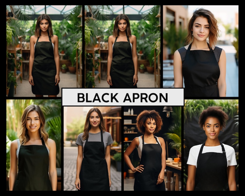May include: A collage of six images featuring different people wearing black aprons. The aprons are simple and practical, with adjustable straps. The images are set in various locations, including a greenhouse, a cafe, and a street.