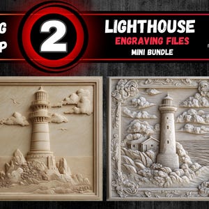 Puede incluir: Dos archivos de grabado de faro enmarcados. Uno presenta un faro en una costa rocosa con nubes y pájaros. El otro muestra un faro con una casa, el océano y un borde floral. La imagen incluye el texto "LIGHTHOUSE ENGRAVING FILES MINI BUNDLE".