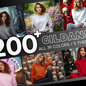 May include: 200+ Gildan sweatshirts in 39 colours and 5 themes. The image shows a collage of women wearing different coloured sweatshirts in various settings.