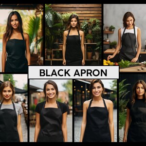 May include: A collage of images featuring women wearing black aprons. The aprons are simple and practical, with a classic design. The images show the aprons being worn in a variety of settings, including a kitchen, a garden, and a street.