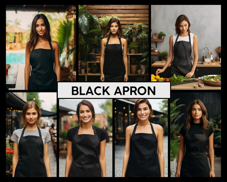 May include: A collage of images featuring women wearing black aprons. The aprons are simple and practical, with a classic design. The images show the aprons being worn in a variety of settings, including a kitchen, a garden, and a street.