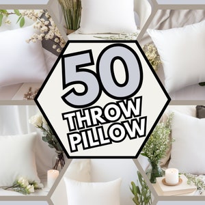 May include: A collage of images featuring 50 white throw pillows arranged in a hexagonal pattern. The pillows are displayed on a variety of surfaces, including a white table, a wooden floor, and a bed. The images are surrounded by a white border.