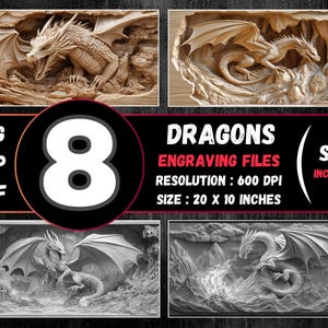 Ilusión 3D de dragón, grabado láser PNG, tallado en relieve CNC STL de dragones, archivos Lightburn/Laserburn de fantasía mítica horizontal, 20 x 10 pulgadas.