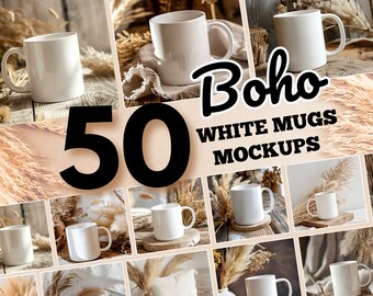 Boho White Mug Mockup Bundle: 11oz Ceramic Mug PNG (Digital Download)