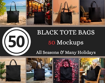 Mockupbundel zwarte draagtas: biologisch katoen, halloween, kerst