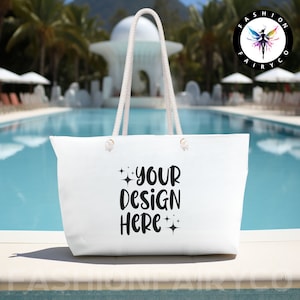 May include: White tote bag with rope handles. The bag has the text "YOUR DESIGN HERE" printed on it with sparkling stars.