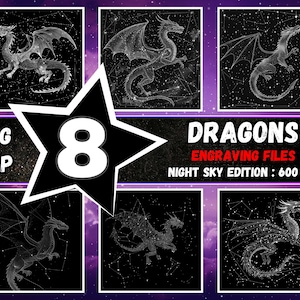 Bundel drakenlasergravure: NightSky-thema, Dragon Star Constellation Lightburn-bestand, Dragon Laserburn-bestanden, UHD-bestanden in png- en bmp-formaat