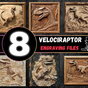 Könnte beinhalten: Acht digitale Dateien zum Schnitzen oder Laserschneiden von Holz. Die Dateien umfassen die Formate SVG, TIFF, DXF, EPS und BMP. Das Bild zeigt eine Holzschnitzerei eines Velociraptor-Dinosauriers in einem Holzrahmen.