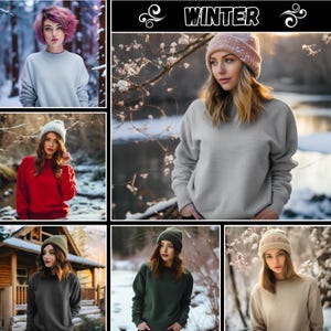 May include: A collage of six images featuring women wearing different coloured sweatshirts. The sweatshirts are all crew neck and long-sleeved. The background of the images is a wintery scene with snow and trees. The text "WINTER" is displayed in the centre of the collage.