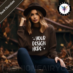 Halloween Dark Chocolate Gildan18000 Mockup, Dark Chocolate Sweatshirt Mockup, Dark Chocolate Crewneck Mock, Printify Brown Gildan Mock