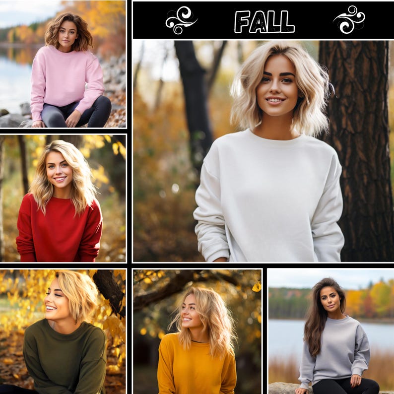May include: A collage of six images featuring women wearing different coloured sweatshirts in an autumn setting. The word "FALL" is displayed in the centre of the collage.