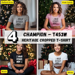 Pacote de maquete de camiseta cropped Champion, branco Champion T453W Crop Top Mock, | Black Champion Mock, Camiseta Champion Cropped Mock Up Pink Candy