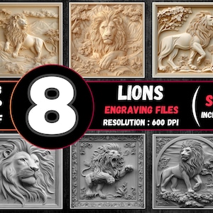 Lot de gravure laser Illusion 3D Lion, Lions STL CNC, gravure laser Lions PNG, fichiers Lion Lightburn, Lion Laserburn et gravure en relief