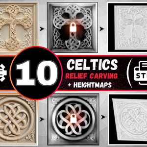 Könnte beinhalten: Ein digitaler Download von 10 keltischen Knotendesigns für Reliefschnitzereien. Die Designs sind im STL-Format und beinhalten Höhenkarten. Das Bild zeigt eine Vielzahl von Designs, darunter ein Kreuz und einen kreisförmigen Knoten.