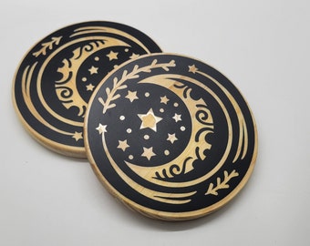 Decorative Wood Coasters, Set of 2, Round 4 Inch, Home Decor, Moon Gifts, Housewarming Gift, Handmade Decoration, Stars and Moons, Unique