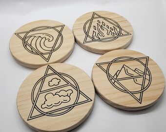 Decorative 4 Elements Coasters, Set of 4 Wood Coasters, Round 4 inch Set, Home Decor, Table Coasters, Earth, Air, Fire, Water, Handmade