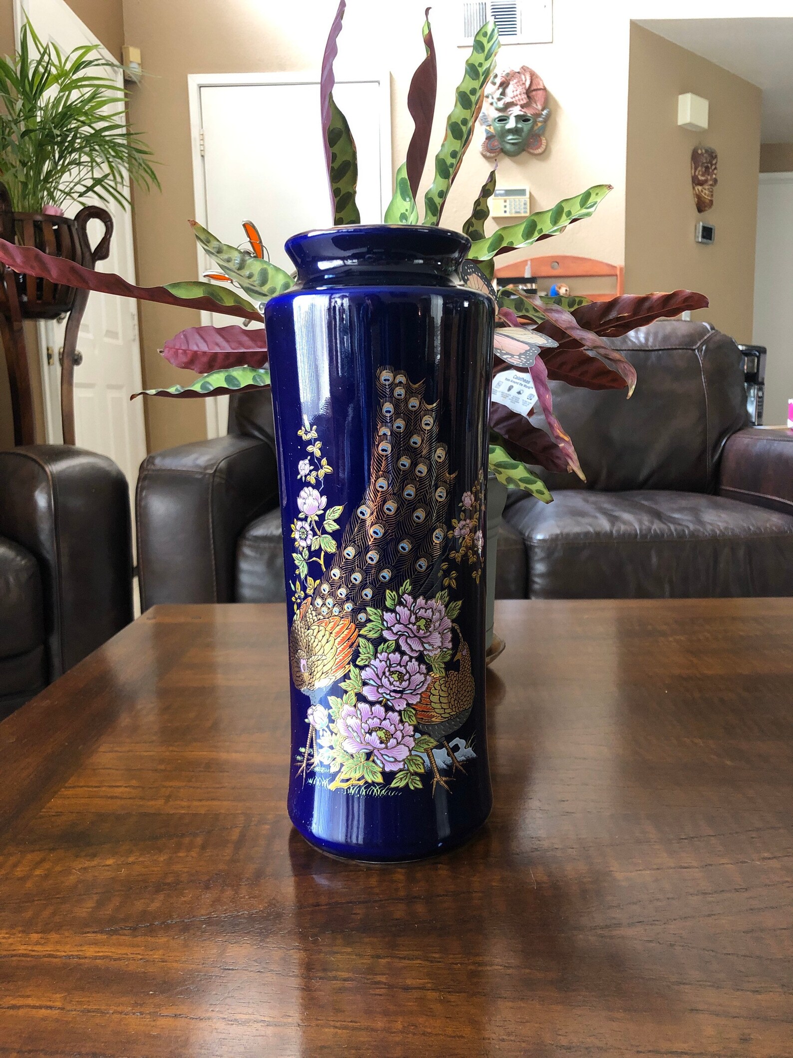 Vintage Cobalt Blue Japanese Peacock Pheasant Vase 421 Etsy