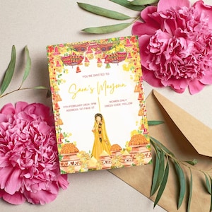 Może przedstawiać: Kolorowe zaproszenie z tekstem "Sara's Mayoun" i szczegółami wydarzenia. Projekt zawiera postać ubraną na żółto, elementy dekoracyjne i kod ubioru "YELLOW". Różowe piwonie i brązowa koperta otaczają zaproszenie.