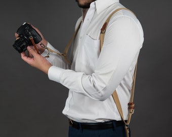 Leather Dual Camera Harness, Triple/Multi Camera Strap for Event / Wedding Photographers - Tan, Black Adjustable length