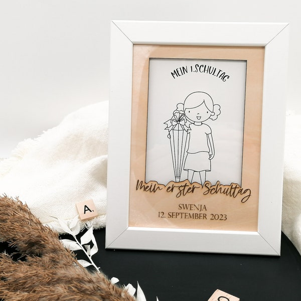 Picture frame • My first day of school • Gift for starting school • Personalized passe-partout • Engraved wooden picture frame