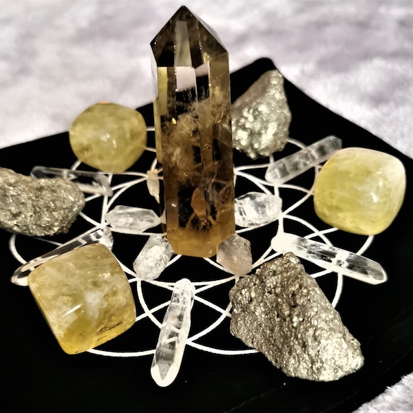 Abundance Prosperity Wealth Citrine Pyrite Herkimer Quartz Sacred Geometry Crystal Grid  Flower of Life Reiki Energy