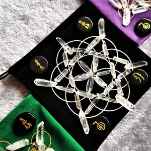 Crystal Grid Set Kit Cloth Pouch with 100 grams Mini Clear Quartz Points Healing Reiki Energy Sacred Geometry Flower of Life Metatron Cube