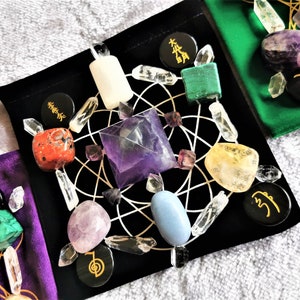 May include: A black velvet pouch with a crystal grid and various crystals, including amethyst, clear quartz, rose quartz, and citrine. The pouch also includes black stones with gold lettering, including "木" and "火".
