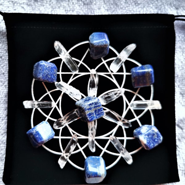 Lapis Lazuli Gemstone Crystal Sacred Geometry Grid Set Black Velvet String Bag Cloth Flower Of Life Print Reiki Energy Charged