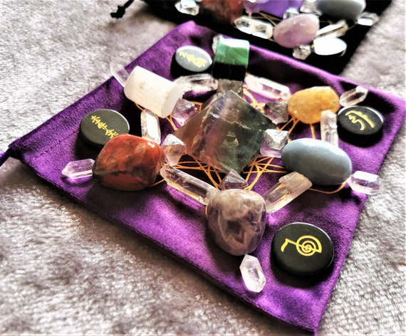 Mental Clarity Fluorite Selenite Angelite Malachite Citrine Herkimer Sacred Geometry Crystal Grid Set Pouch FlowerOfLife Metatron Cube Reiki