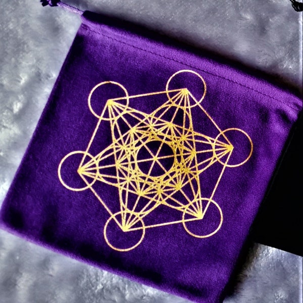 Sacred Geometry Grid Black Green Purple Velvet Bag Pouch Cloth Board White Flower of Life or Golden Metatron's Cube Grid Reiki Healing