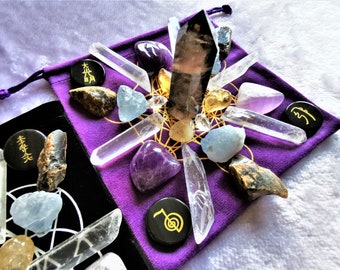 Aura Cleanse Repair Celestite Amber Smoky Quartz Amethyst Citrine Herkimer Sacred Geometry Crystal Grid FlowerOfLife Metatron Cube ReikiHeal