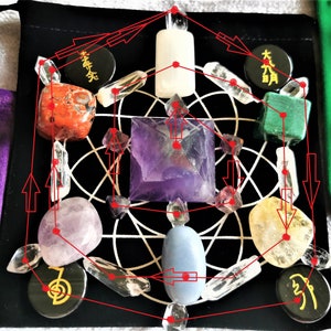 May include: A crystal grid with a variety of crystals, including amethyst, clear quartz, and rose quartz. The grid is laid out on a black cloth with a white geometric pattern. There are also two black circular tokens with Chinese characters on them.