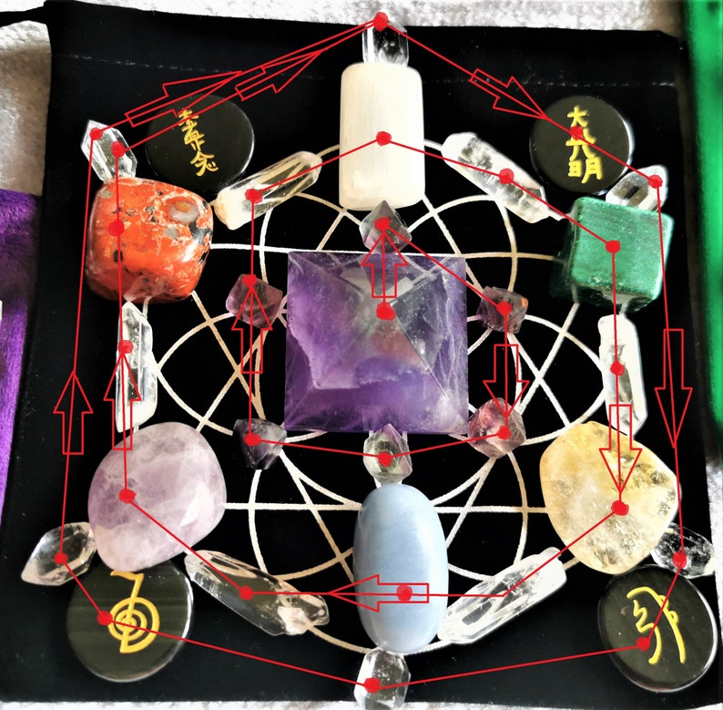 May include: A crystal grid with a variety of crystals, including amethyst, clear quartz, and rose quartz. The grid is laid out on a black cloth with a white geometric pattern. There are also two black circular tokens with Chinese characters on them.