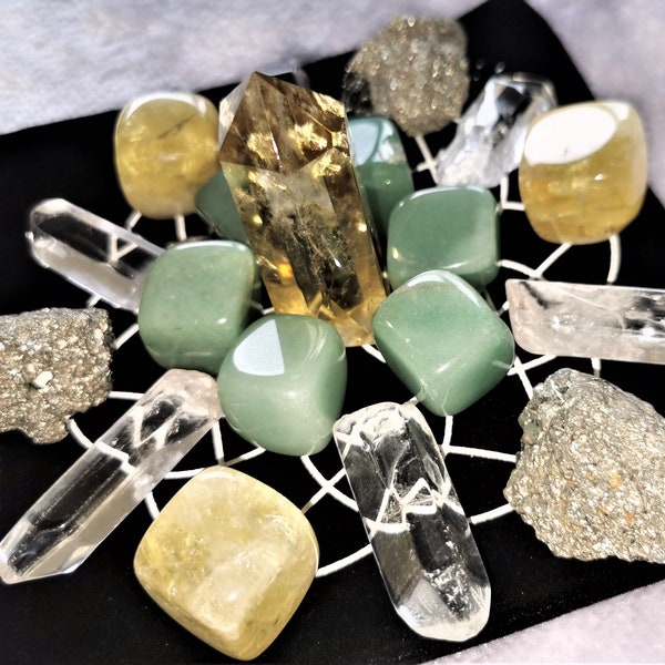 Crystal Grid Abundance Prosperity Healing Citrine Pyrite Aventurine Reiki Energy Charged Sacred Geometry Flower of Life Velvet Gift Bag