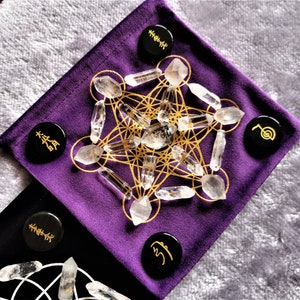 Herkimer Diamond Natural Clear Quartz Crystal Double Terminated Velvet String Pouch Sacred Geometry Flower of Life or Metatron Cube Grid Set