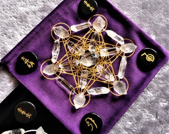 Herkimer Diamond Natural Clear Quartz Crystal Double Terminated Velvet String Pouch Sacred Geometry Flower of Life or Metatron Cube Grid Set