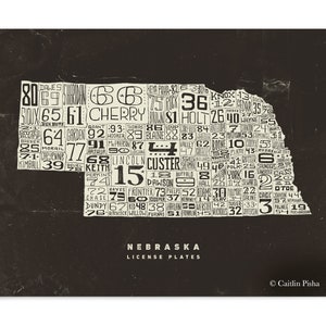 Nebraska License Plate Poster, 11x 14, Wall Art, Cream on Brown Background, Handlettered, Nebraska County Map