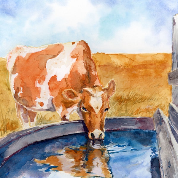 Bessie the Guernsey, Cow on the Prairie, Fine Art Print, Watercolor, 8x10, Wall Art, Midwest Artwork